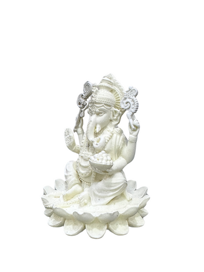 Ganesh Idol Sitting on Lotus-Height-4 Inches-White-Resin-Ganpati Murti