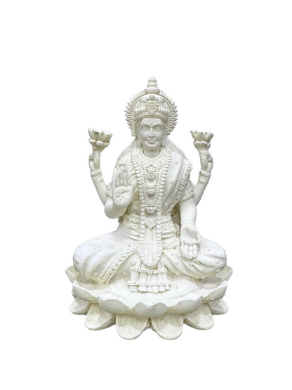 Laxmi Idol Sitting on Lotus-Height-4 Inches-White-Resin-Lakshmi Murti