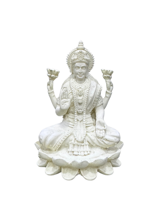 Laxmi Idol Sitting on Lotus-Height-4 Inches-White-Resin-Lakshmi Murti