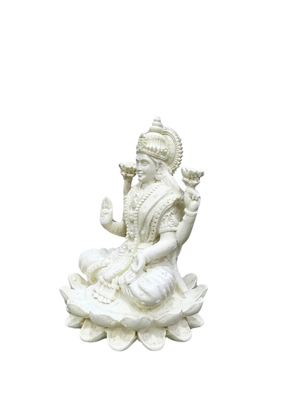 Laxmi Idol Sitting on Lotus-Height-4 Inches-White-Resin-Lakshmi Murti