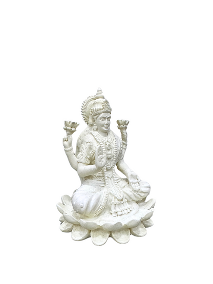Laxmi Idol Sitting on Lotus-Height-4 Inches-White-Resin-Lakshmi Murti