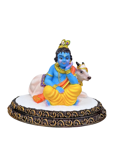New Krishna Idol Sitting Besides Cow-4 inches-Multicolored-Resin-Baby Krishna Statue
