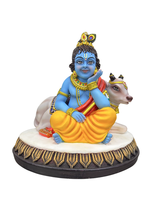 Medium New Krishna Sitting Besides Cow-Height-7 Inches-Resin-Multicoloured