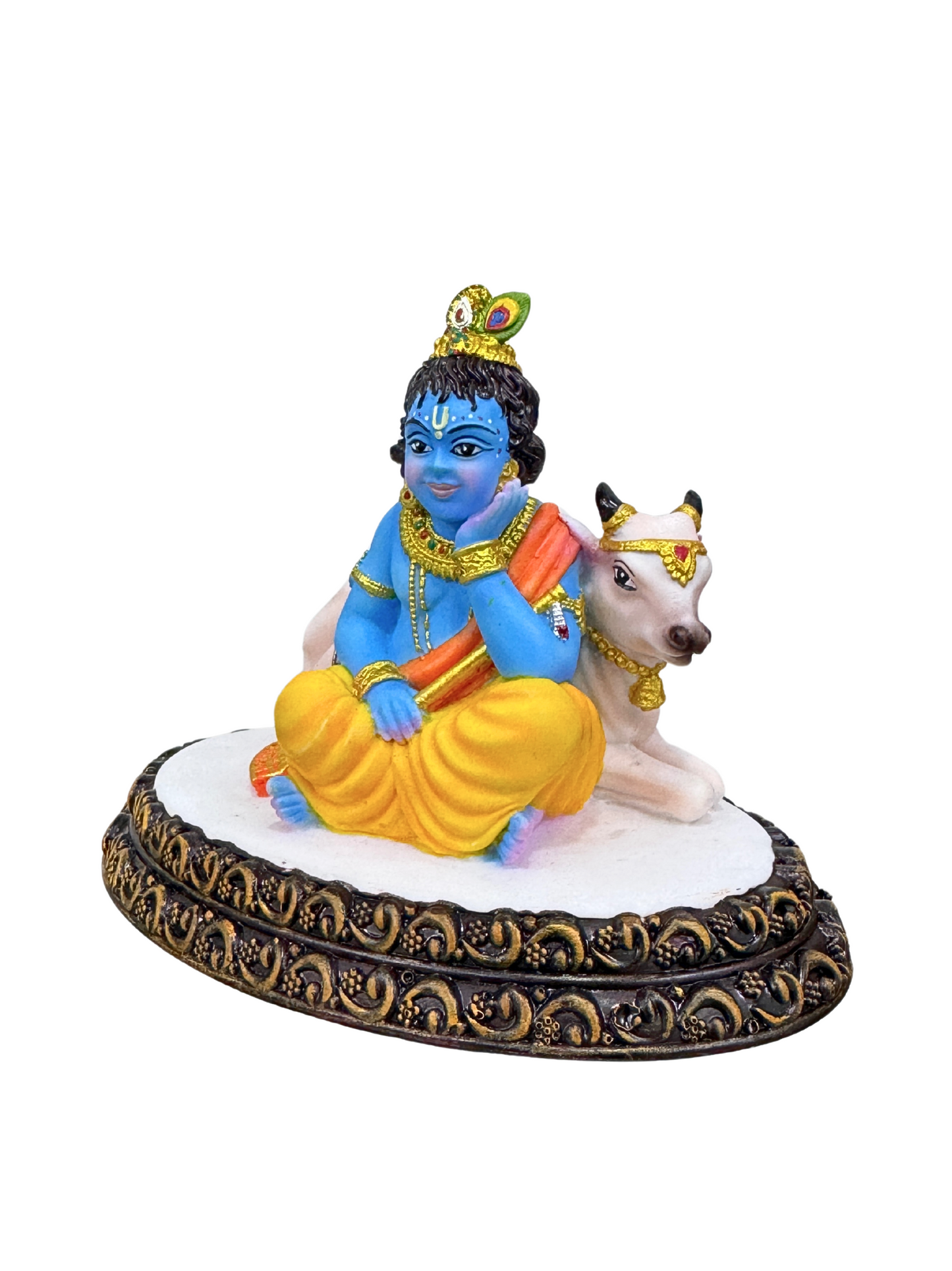 New Krishna Idol Sitting Besides Cow-4 inches-Multicolored-Resin-Baby Krishna Statue