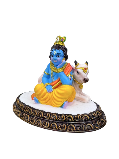 New Krishna Idol Sitting Besides Cow-4 inches-Multicolored-Resin-Baby Krishna Statue