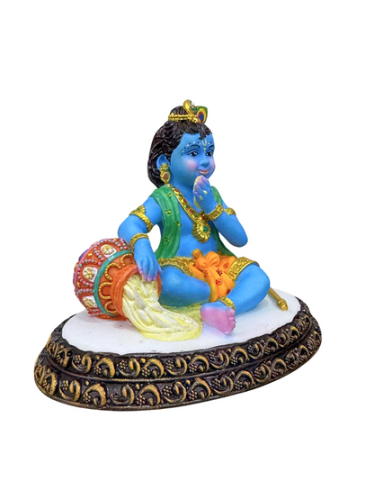 New Krishna Idol Eating Butter On Base-Height-4 Inches-Multioloured-Resin