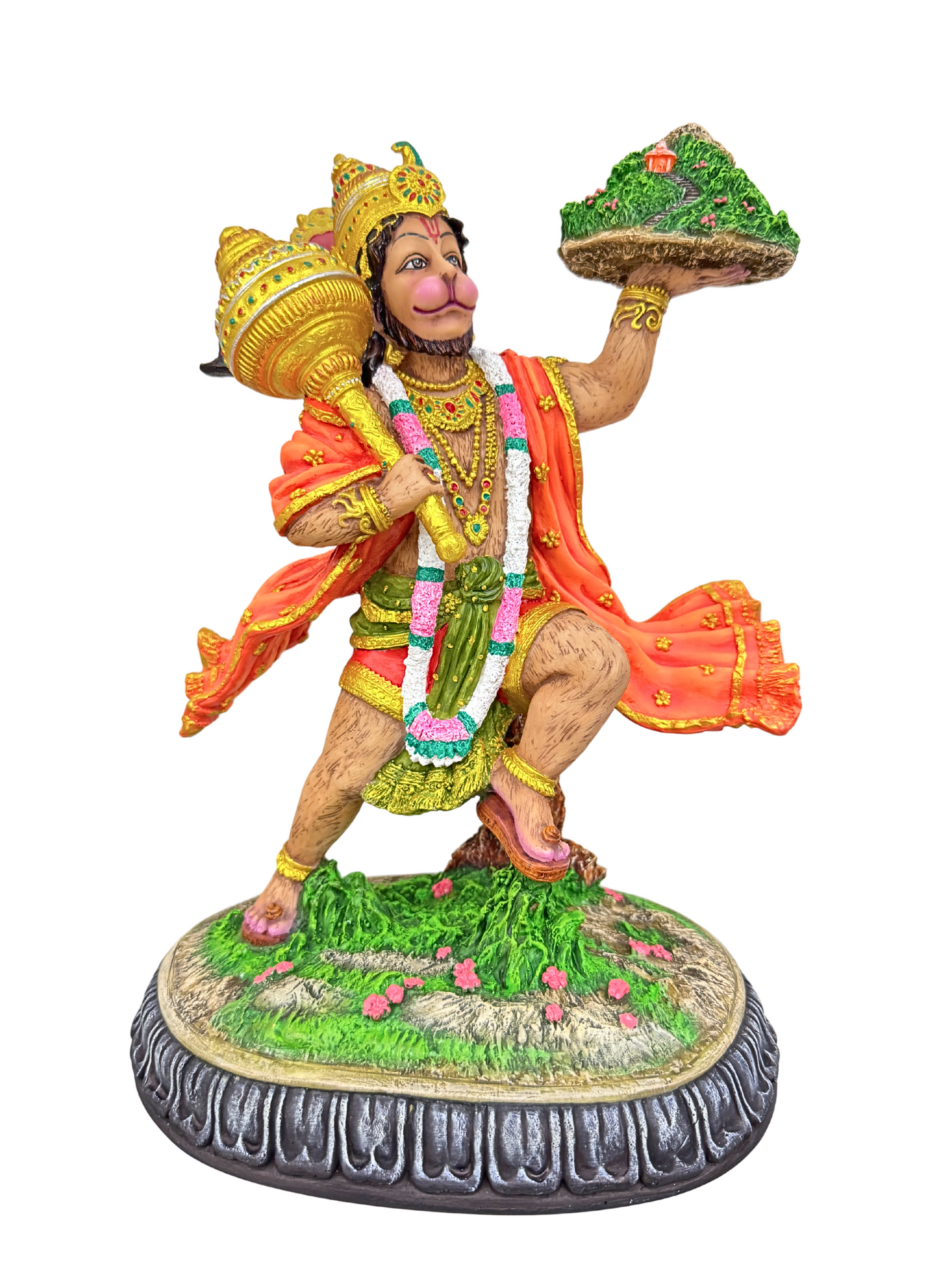 Large Standing Hanuman Idol Ji Holding Mountain With Herbs-Height-12 Inches-Multicoloured-Resin-Murti