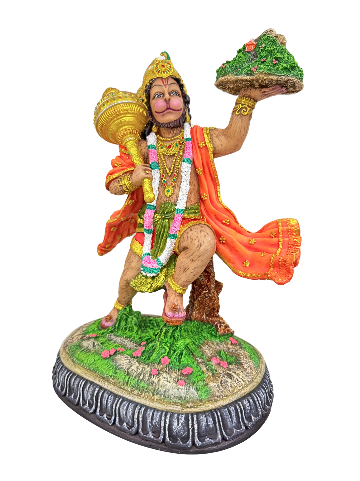 Large Standing Hanuman Idol Ji Holding Mountain With Herbs-Height-12 Inches-Multicoloured-Resin-Murti