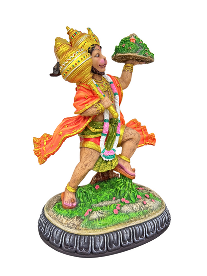 Large Standing Hanuman Idol Ji Holding Mountain With Herbs-Height-12 Inches-Multicoloured-Resin-Murti