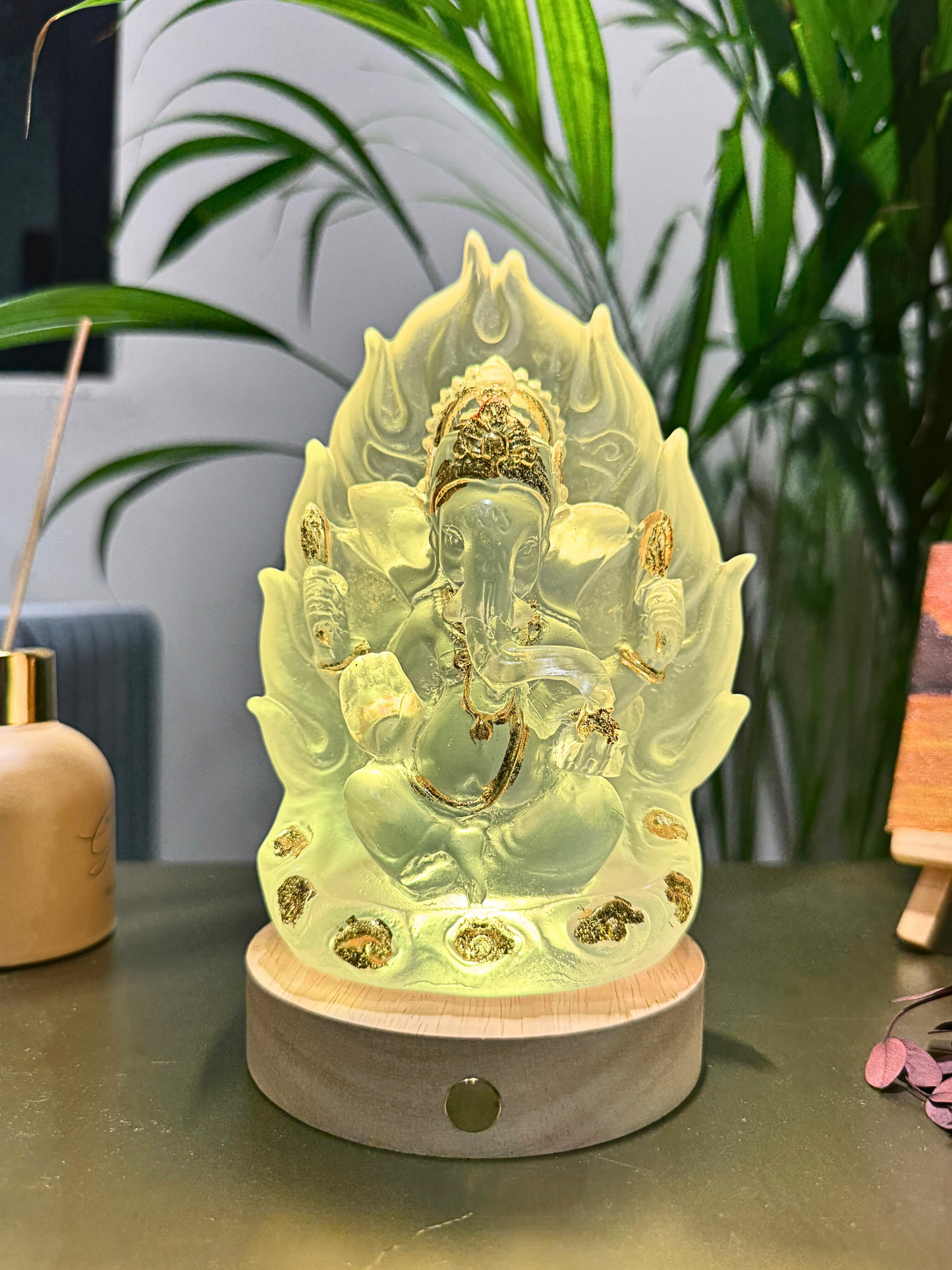Ganesh Ji Idol-Ganpati Statue Leaf Cut On Wooden LED Base-Rechargeable-Multiple Colour Combinations-Diwali Special-7 Inches