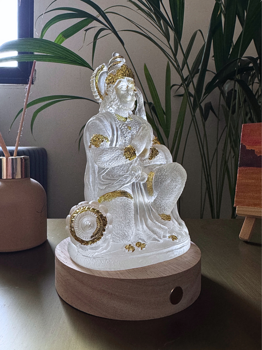 Hanuman Ji Idol Bending Pose On Wooden LED Base-Wireless-Rechargeable-Multiple Colour Combinations-Hanuman Statue-Diwali Special-Height-6.5 Inches