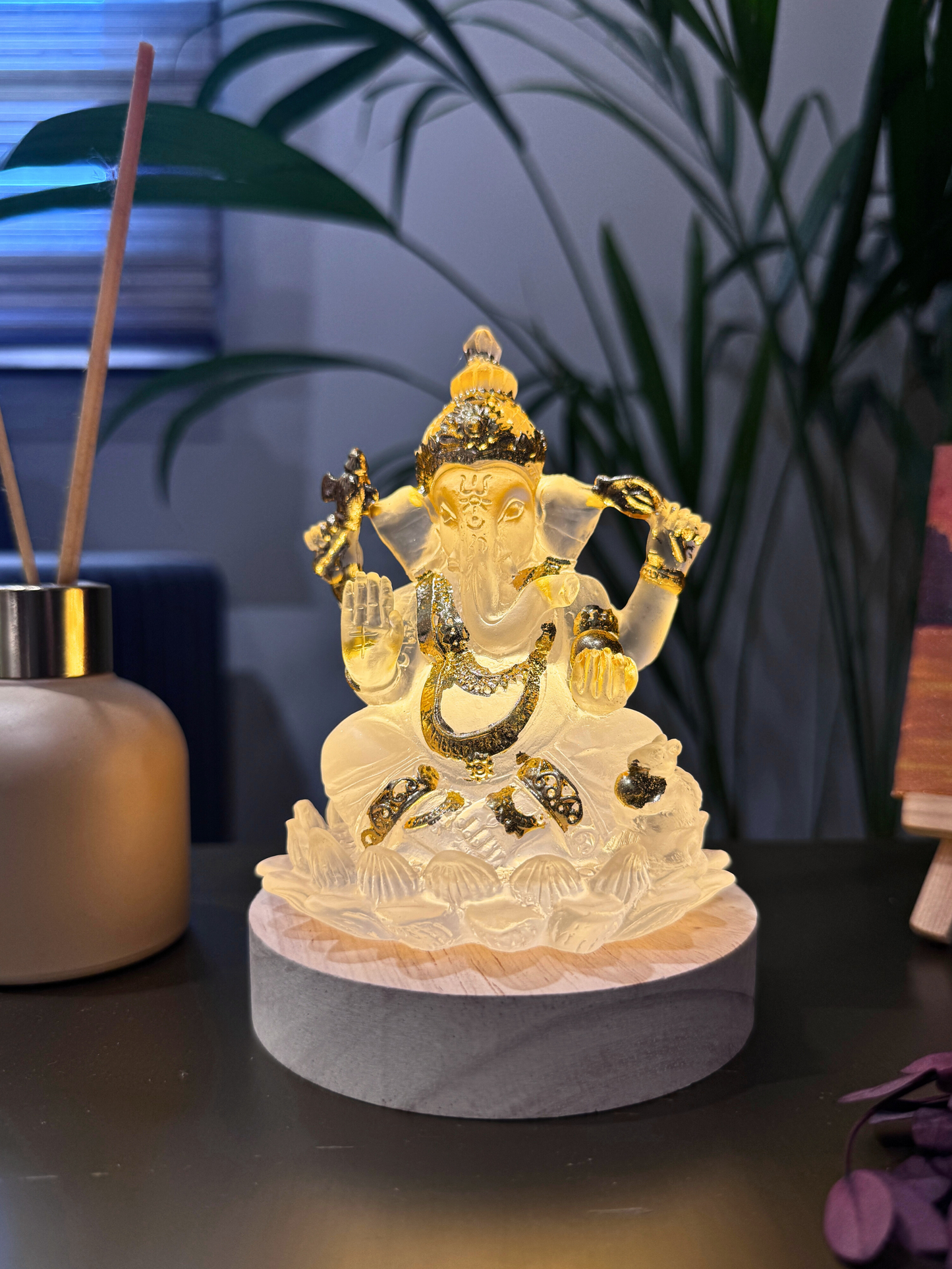 Ganesh Ji Idol-Ganpati Statue On Wooden LED Base-USB Corded-Warm White-Diwali Special-Height-5.5 Inches