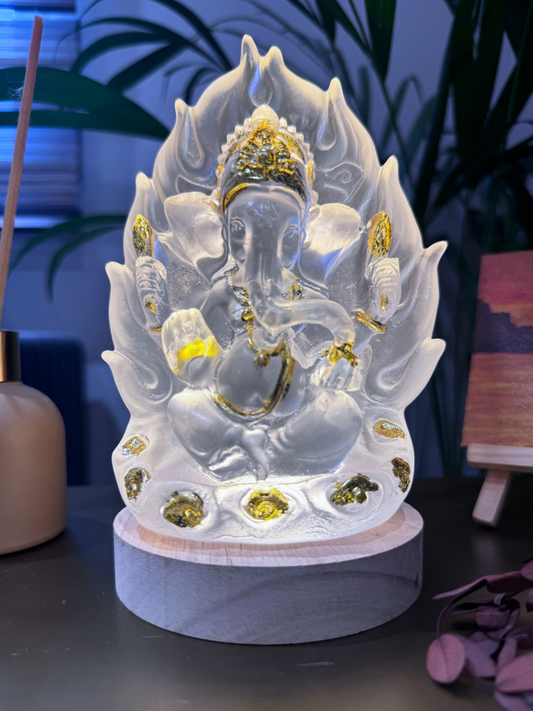 Ganesh Ji Idol-Ganpati Statue Leaf Cut On Wooden LED Base-USB Corded-Warm White--Diwali Special-7 Inches