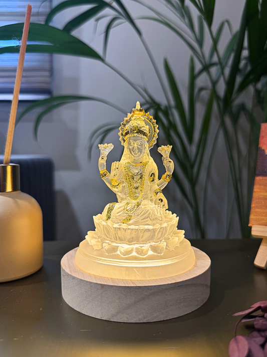 Laxmi Ji Idol-Lakshmi Statue On Wooden LED Base-Rechargeable-Multiple Colour Combinations-Diwali Special-Height-5.5 Inches