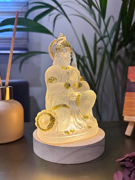 Hanuman Ji Idol Bending Pose On Wooden LED Base-USB Corded-Warm White-Hanuman Statue-Diwali Special-Height-6.5 Inches