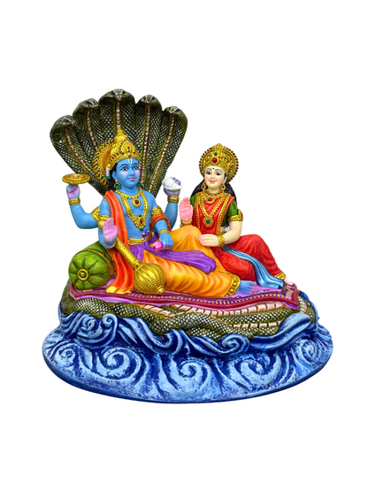 Medium Sitting Vishnu Laxmi On Snake Bed-Height-6 Inches-Multicoloured-Resin