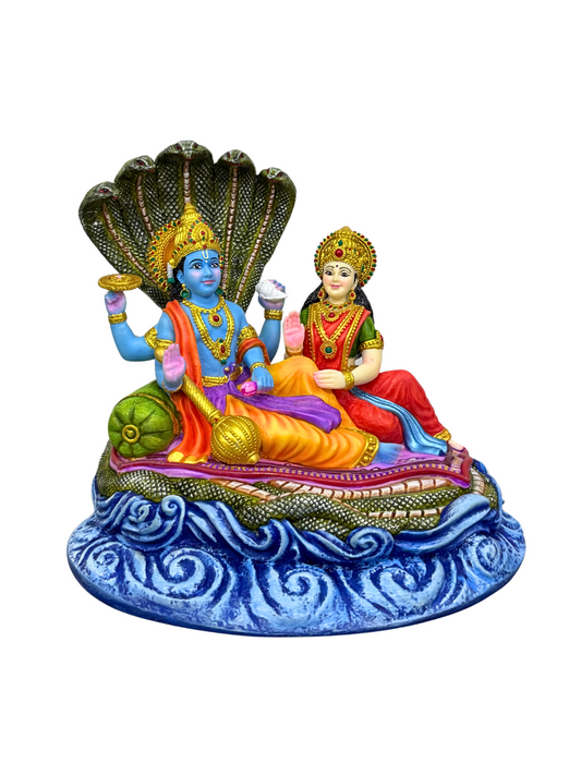Medium Sitting Vishnu Laxmi On Snake Bed-Height-6 Inches-Multicoloured-Resin