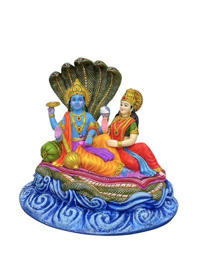 Medium Sitting Vishnu Laxmi On Snake Bed-Height-6 Inches-Multicoloured-Resin