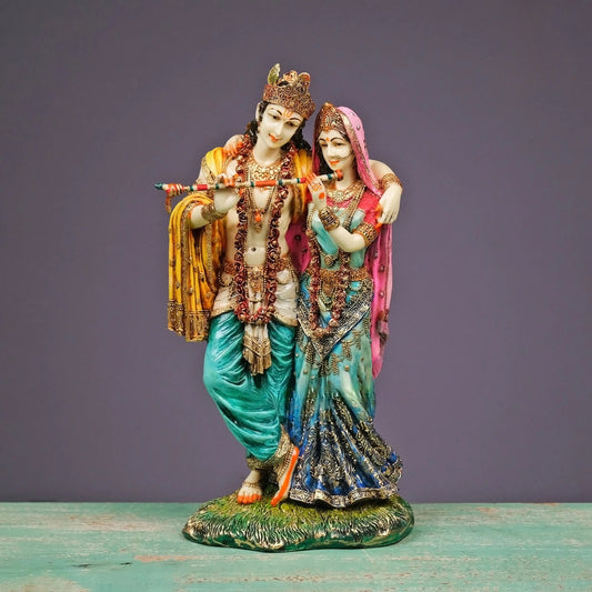 Radha Krishna Standing Holding Flute-Multicoloured-Height-6 Inches-Resin-Krishna Murti For Temple