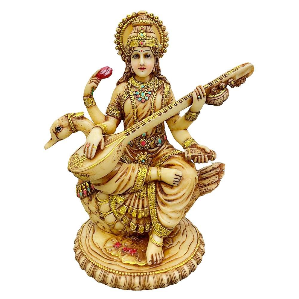 New Big Beautiful Sitting Saraswati For Home Decoration-Height-8.5 inches-Ivory Finish-Resin
