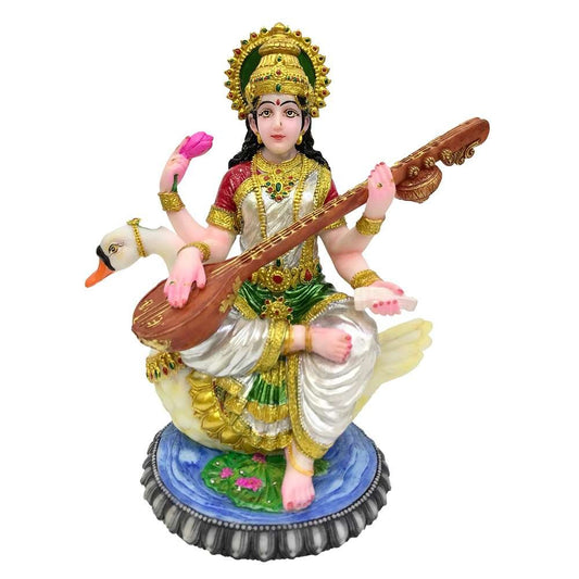 New Big Beautiful Sitting Saraswati For Home Decoration-Height-8.5 inches-Multicoloured-Resin