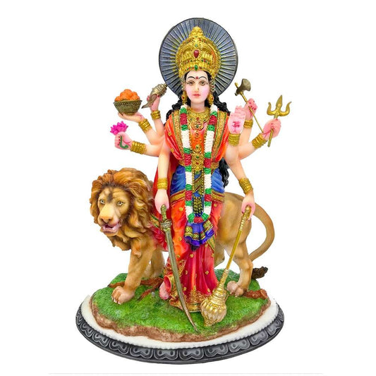 New Big Beautiful Standing Durga Besides Lion-Height-12 Inches For Home Decoration -Multicolour-Resin