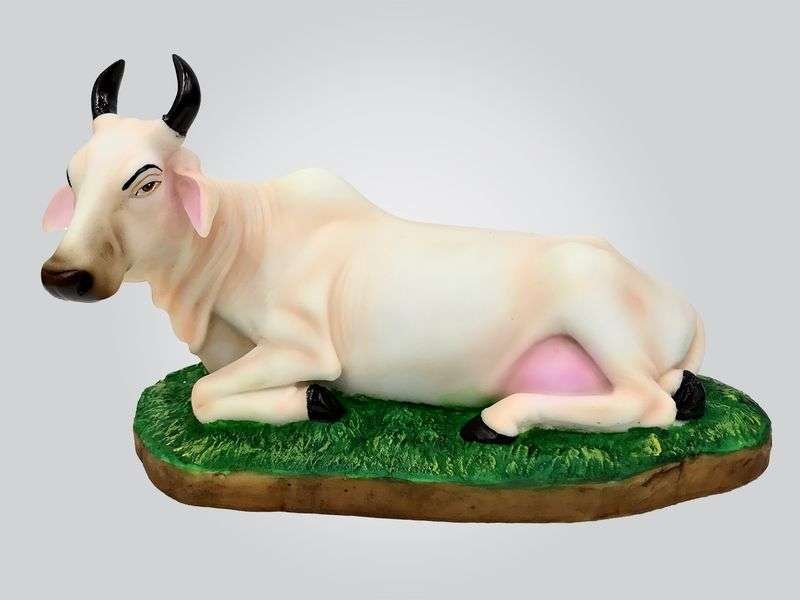 New Large Kneeling Cow (Single)-White Colour,Height-12 Inches,God Idols/Statue/Figuirnes,Material-Polyresin & Marble,Made in India