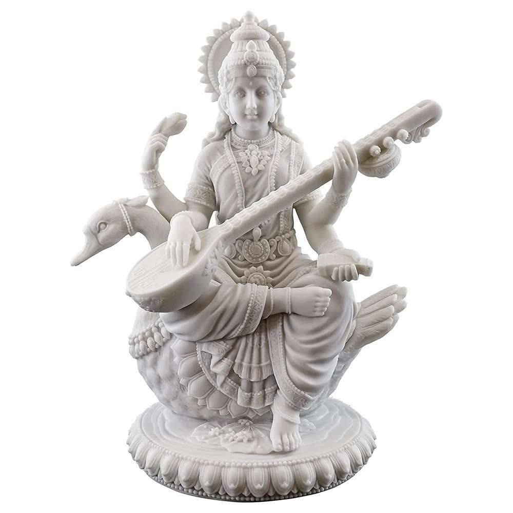 New Big Beautiful Sitting Saraswati For Home Decoration-Height-8.5 inches-Marble White Finish-Resin