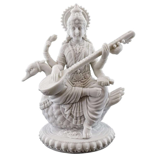 New Big Beautiful Sitting Saraswati For Home Decoration-Height-8.5 inches-Marble White Finish-Resin