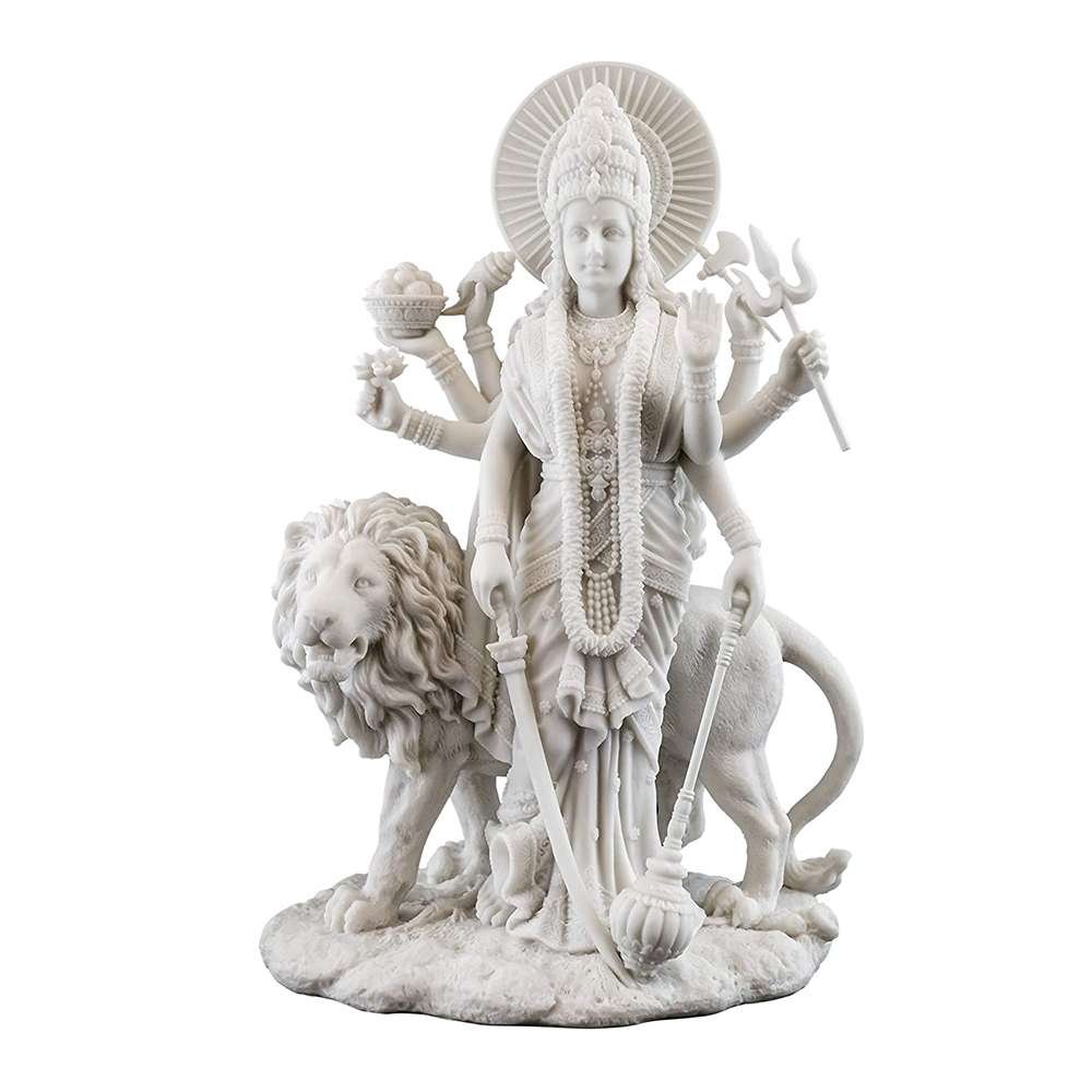 New Big Beautiful Standing Durga Besides Lion-Height-12 Inches For Home Decoration -Marble White-Resin