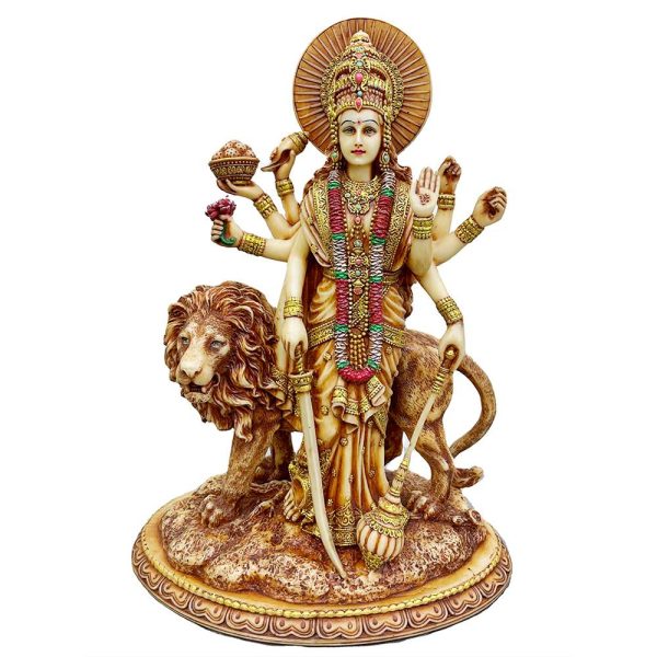 New Big Beautiful Standing Durga Besides Lion-Height-12 Inches For Home Decoration -Marble White-Resin - Image 4