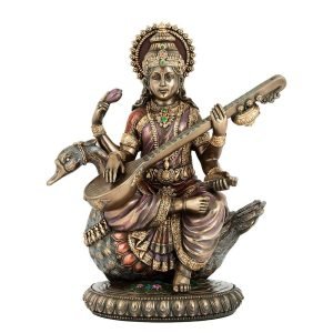 New Big Beautiful Sitting Saraswati For Home Decoration-Height-8.5 inches-Metallic Finish-Resin