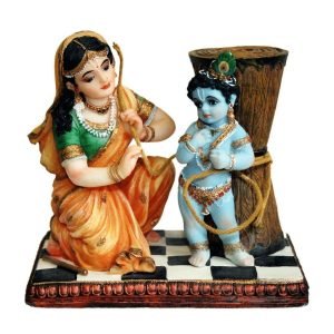 Handcrafted Damodar Leela Maa Yashoda Binding Krishna Idol for Temple & Decor-Multicolour-Height-5.5 Inches-Resin