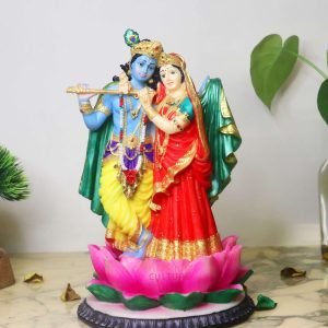Handcrafted Big Beautiful Radha Krishna Idol On Lotus Flower-Height-10 Inches-Multicolour-Resin