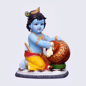 Handcrafted Big Beautiful Cute Krishna Idol Stealing Butter from Pot On Turban-Height-8 Inches-Multicolour-Resin