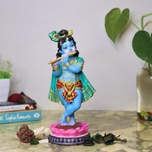 Handcrafted Cute Krishna Idol Standing On Lotus Playing Flute-Height-8.5 Inches-Multicolour-Resin