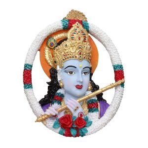 Handcrafted Big Beautiful Flute Krishna Idol Wall Hanging (Round Shaped)-Height-8 Inches-Multicoloured