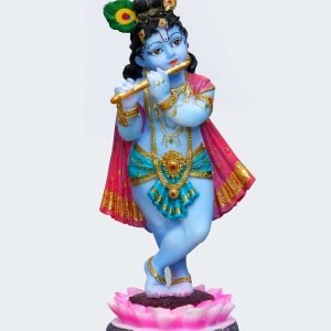 Handcrafted Cute Krishna Idol Standing On Lotus Playing Flute-Height-8.5 Inches-Multicolour-Resin