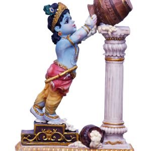 Handcrafted Big Cute Krishna Idol Leaning Towards Pillar-Height-9 Inches-Multicoloured-Resin