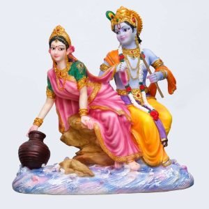 Handcrafted Cute Radha Krishna Idol Besides Yamuna River-Height-9.5 Inches-Multicolour-Resin