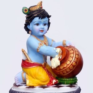 Handcrafted Medium Beautiful Cute Krishna Idol Stealing Butter from Pot On Turban-Height-5 Inches-Multicolour-Resin (Copy)