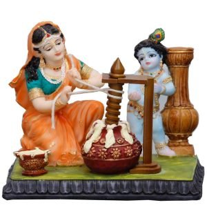Handcrafted Big Cute Maa Yashoda Extracting Butter with Krishna Idol-Height-5.5 Inches-Multicoloured-Resin