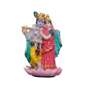 Handcrafted Mini Standing Radha Krishna Idol On Lotus for Car-Height-2.5 Inches-Multicoloured-Resin