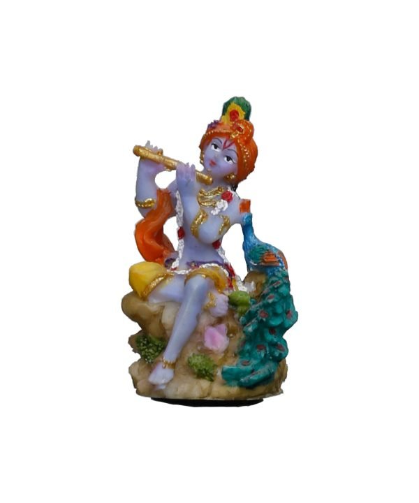 Handcrafted Mini Cute Krishna Besides Peacock for Car-Height-3 Inches-Multicoloured-Resin