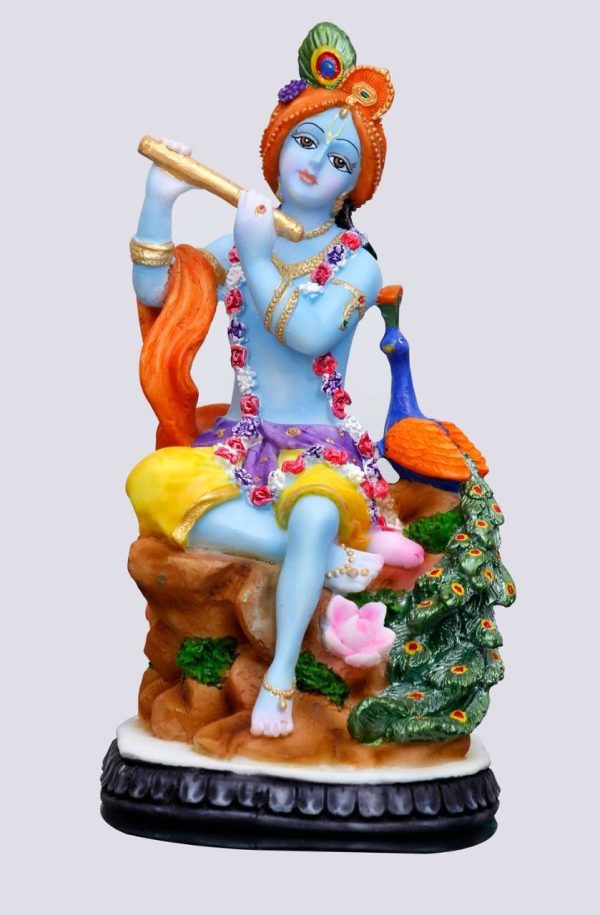 Handcrafted Regular Cute Krishna Idol Besides Peacock On Base-Height-4.5 Inches-Multicoloured-Resin