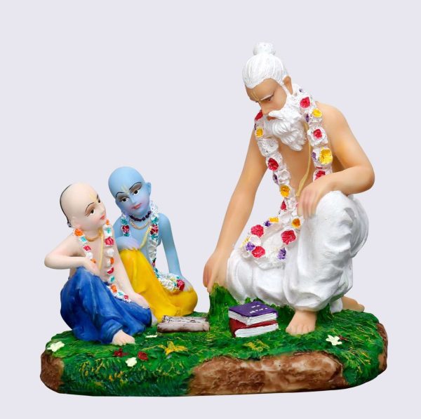 Handcrafted Big Beautiful Sandipani Muni Teaching Krishna and Balaram-Height-7 Inches-Multicolour-Resin