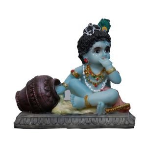 Handcrafted Krishna Idol Stealing Butter from Pot On Rectangle Stage-Height-3.5 Inches-Multicolour-Resin