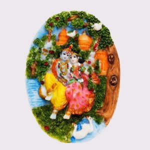 Handcrafted Small Cute Oval Shaped Radha Krishna Idol On Swing (Wall Hanging)-Height-4 Inches-Multicoloured-Resin