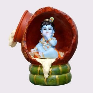 Handcrafted Beautiful Krishna Idol Sitting Inside Butter Pot Eating Butter-Height-4.5 Inches-Multicolour-Resin