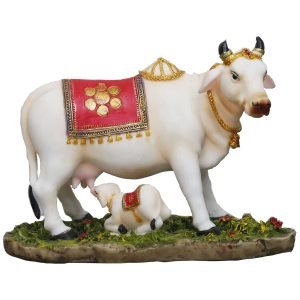 Beautiful Medium Beautiful Decorated Cow & Calf Idol On Base-Height-6.5 Inches-Multicoloured-Resin